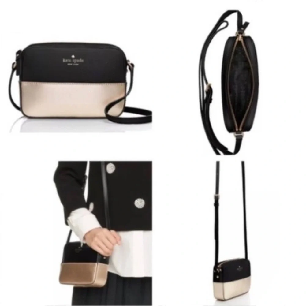 Kate Spade $178 Ivy Street Clover Crossbody Genuine Cowhide Leather Black Gold